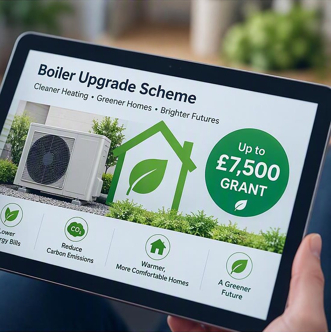 Boiler Upgrade Scheme: up to £7,500 grant towards a heat pump, shown on a tablet